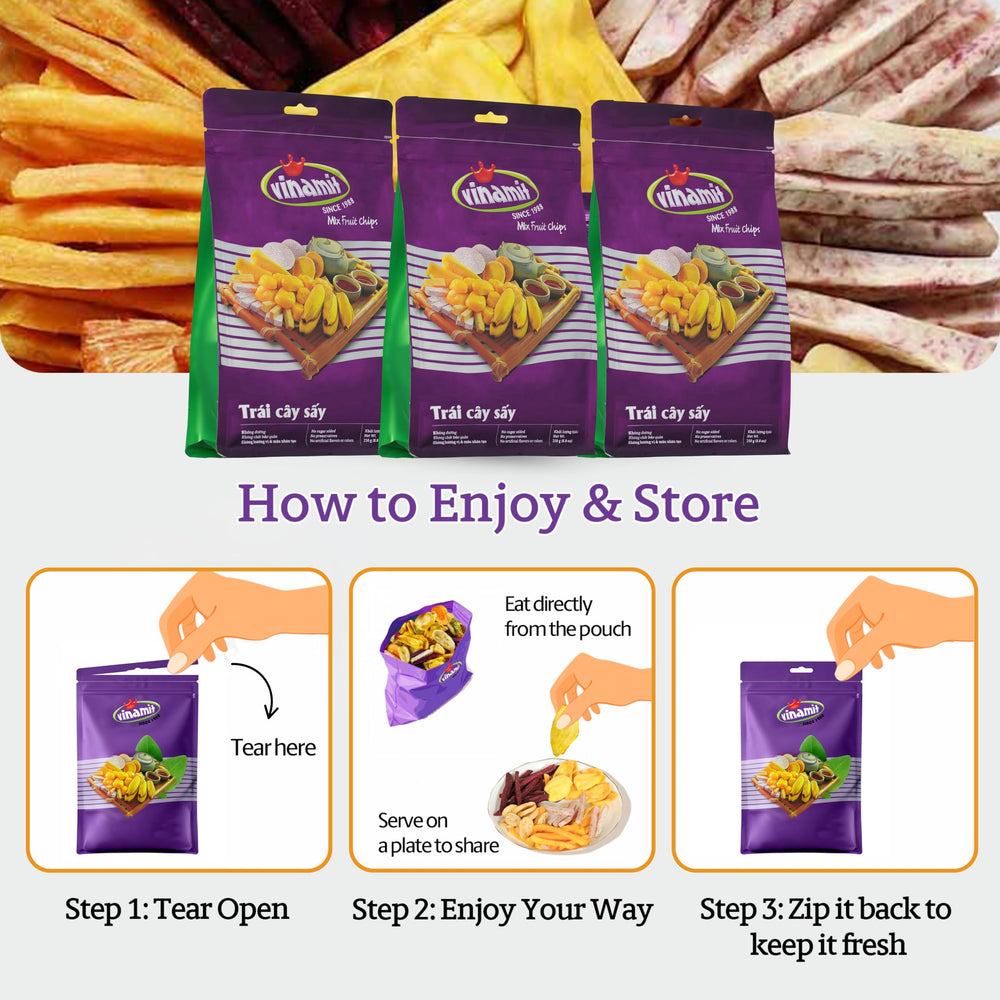 Vinamit tropical fruit chips with antioxidants offer convenient energy between activities.