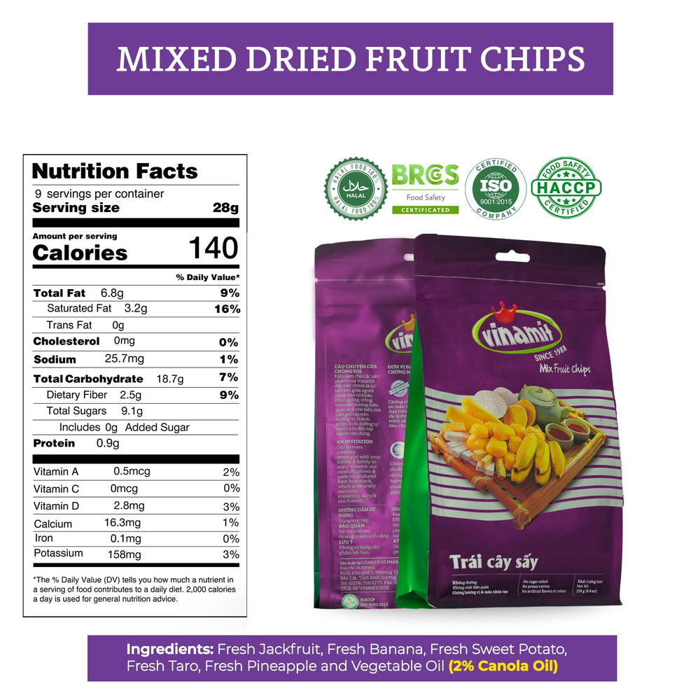 Vinamit chips with sweet potato and taro offer fiber-rich, naturally sweet bite.
