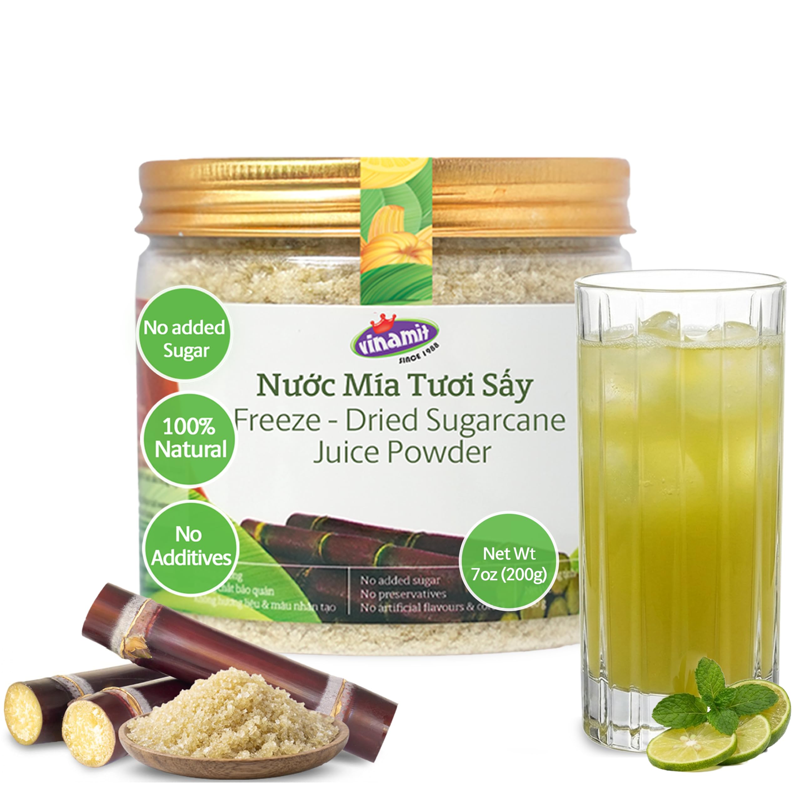 Vinamit freeze-dried sugarcane juice powder can, ideal natural sweetener for beverages.