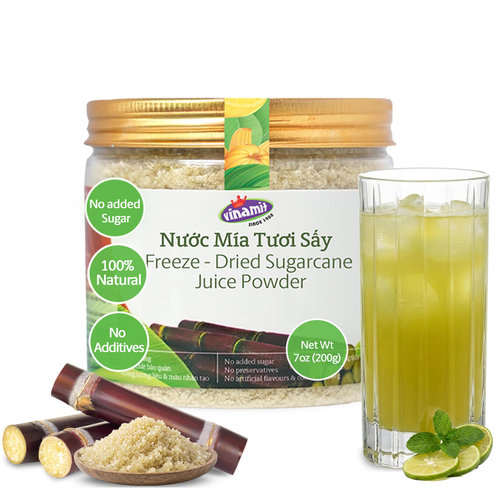 Vinamit freeze-dried sugarcane juice powder can, ideal natural sweetener for beverages.