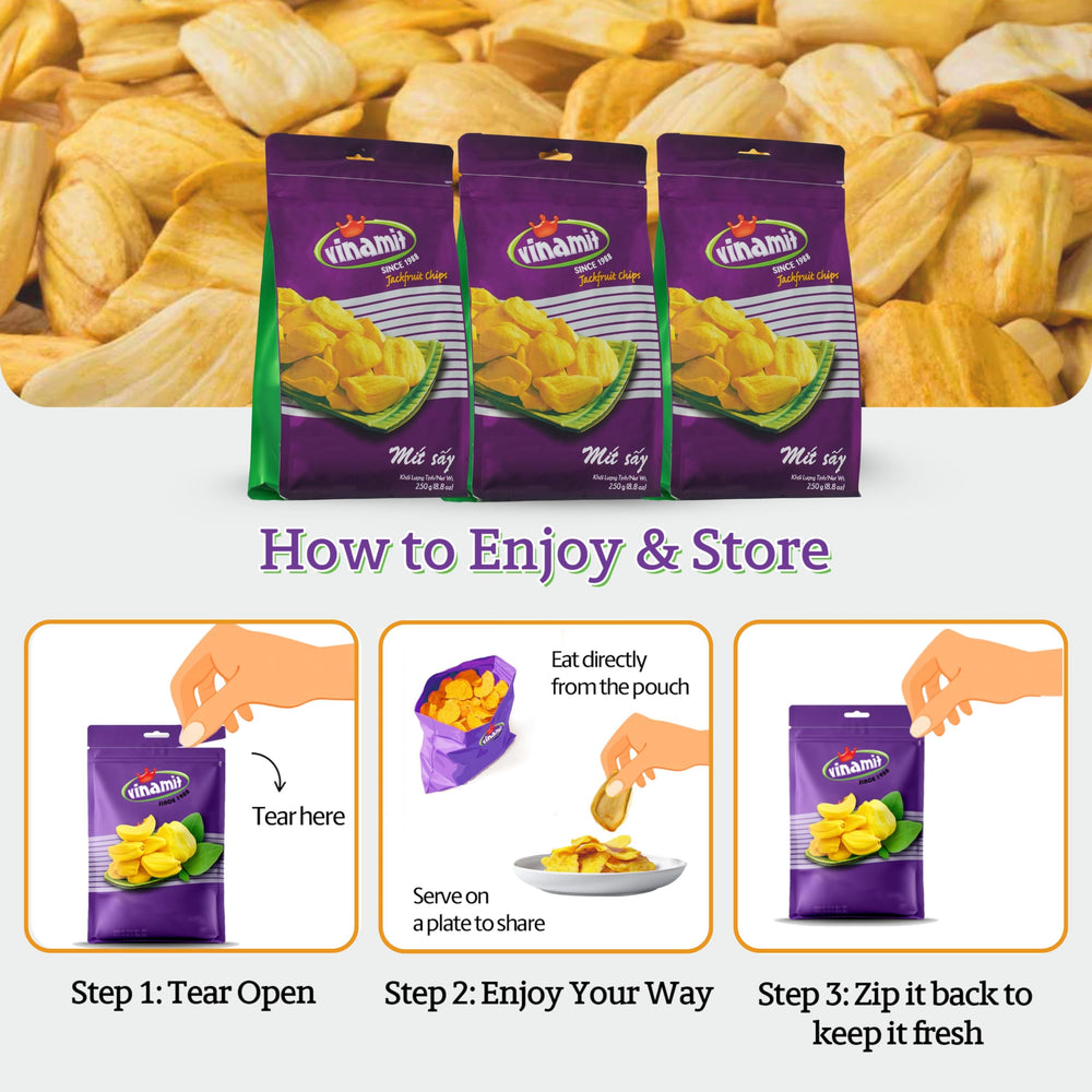 Vinamit dried jackfruit chips packaged as a giftable snack for sharing.