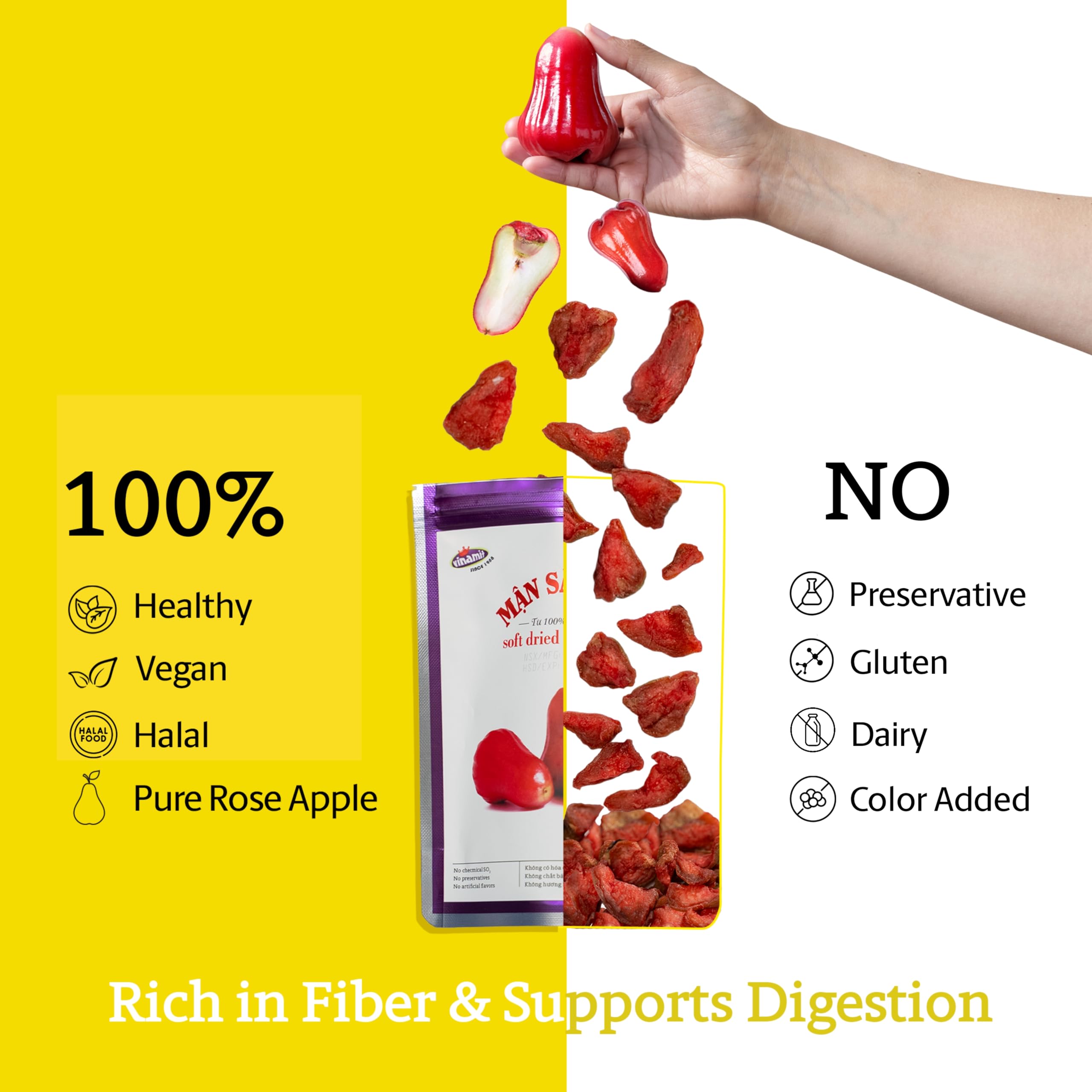 Travel-ready Vinamit rose-apple slices for easy on-the-go snacking.