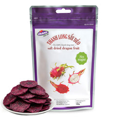 Vinamit soft dried dragon fruit slices in bag, ready for on-the-go healthy snacking.