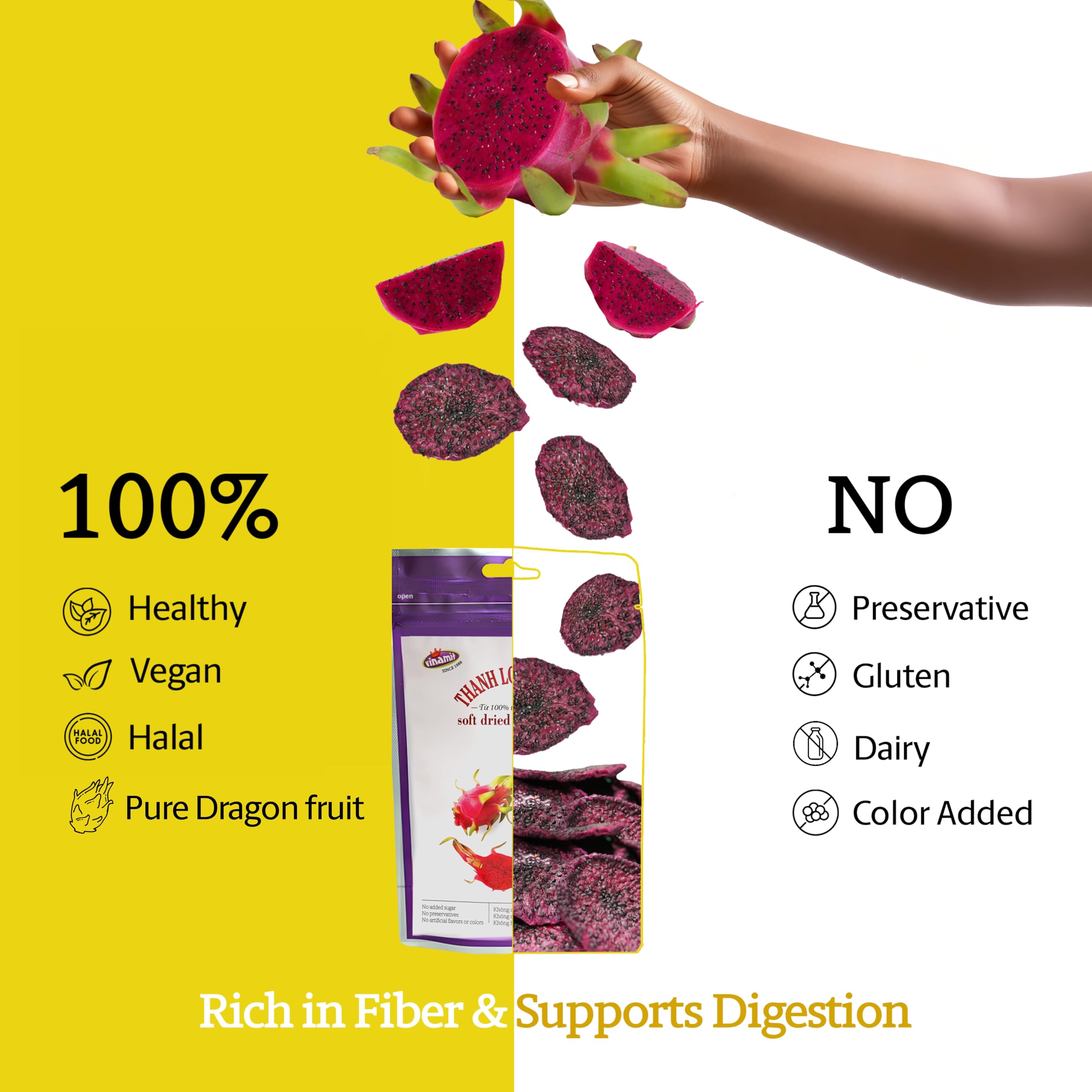 Vinamit travel-friendly resealable bag keeps dragon fruit slices fresh.
