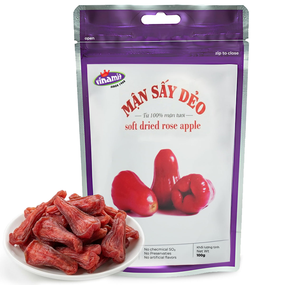 Vinamit soft dried rose-apple slices offer chewy texture for on-the-go snacking.