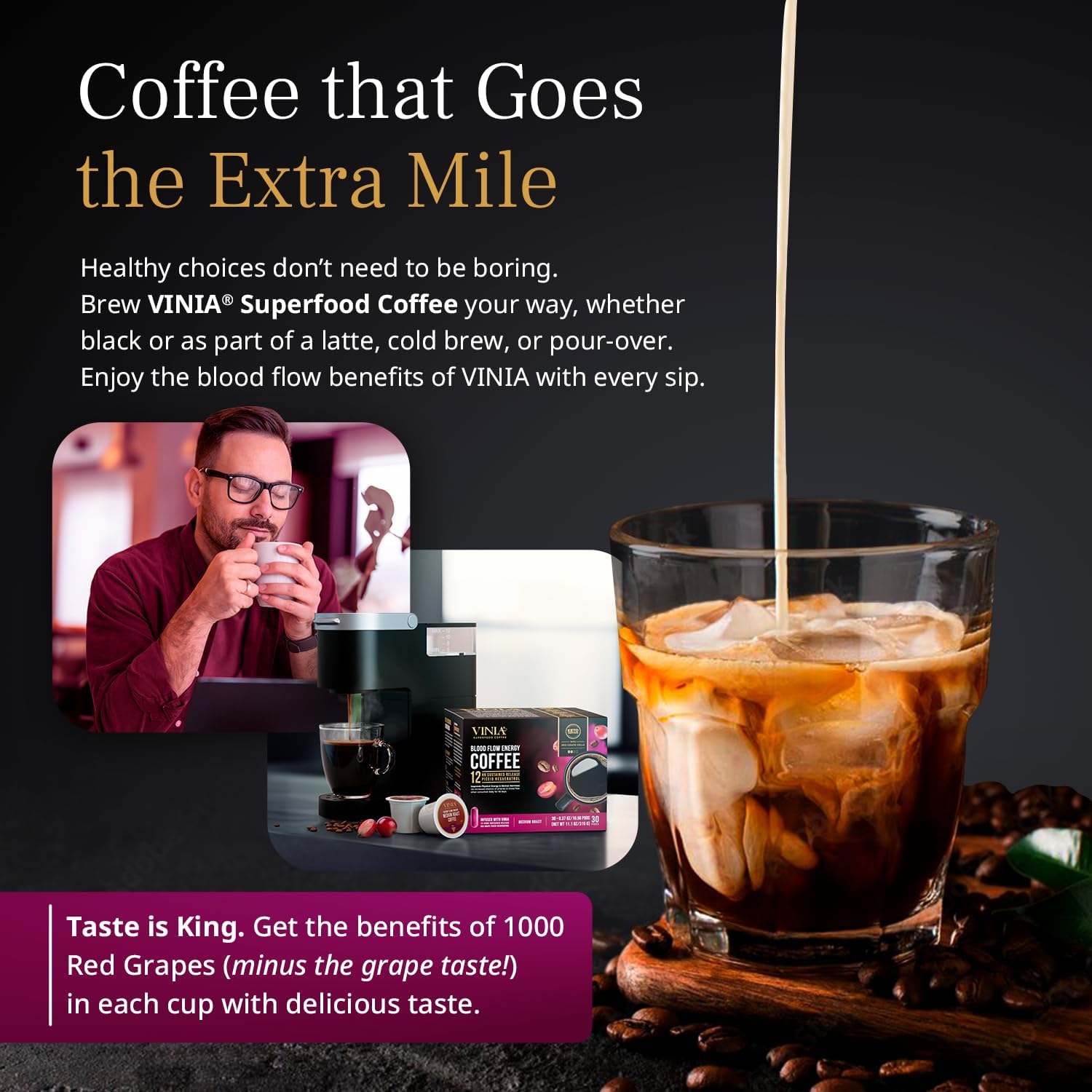 VINIA coffee pod espresso pour with rich color and aroma