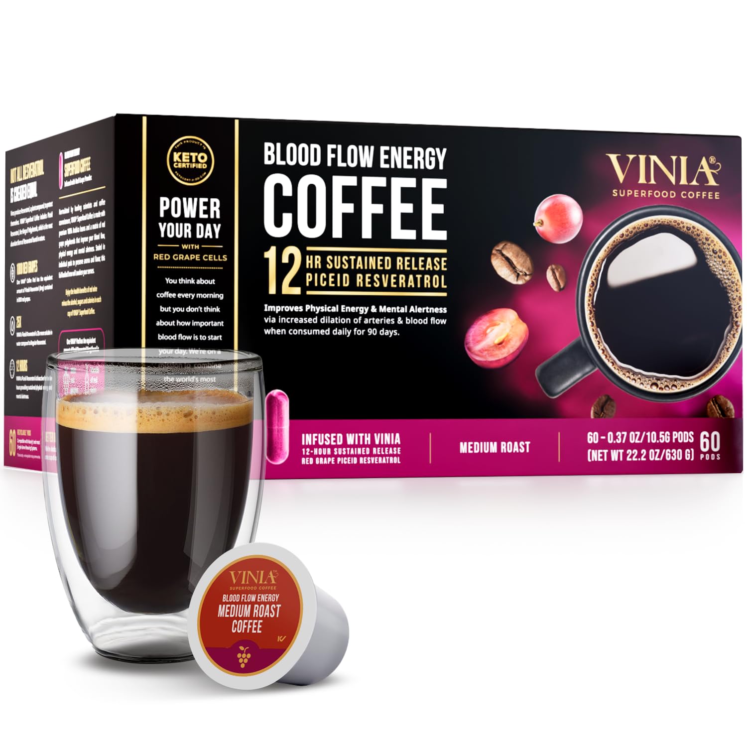 VINIA medium-dark roast coffee pods shown, ideal for energized mornings.
