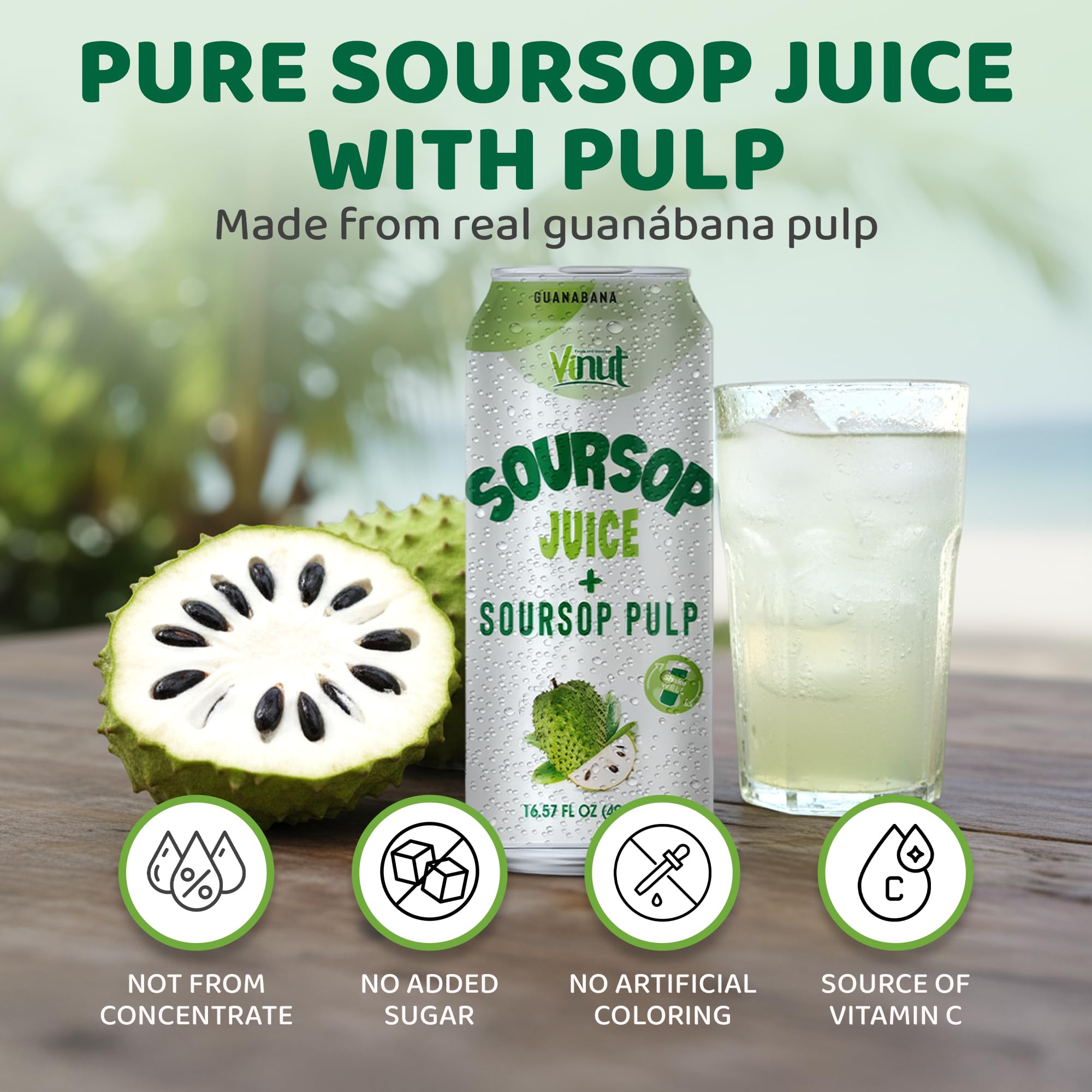 Vinut Guanabana juice closeup—pulp-forward texture for tropical sipping.