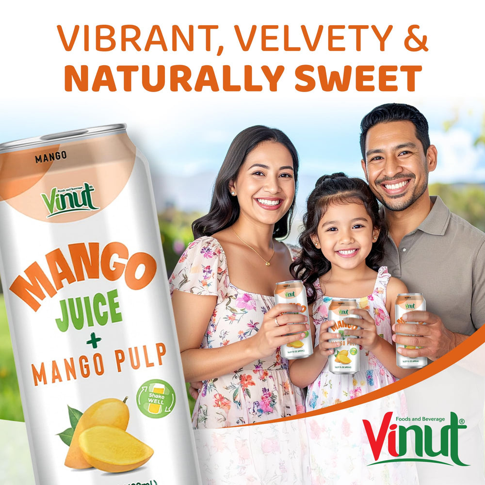 VINUT mango juice nutrition label highlights non GMO and gluten free benefits