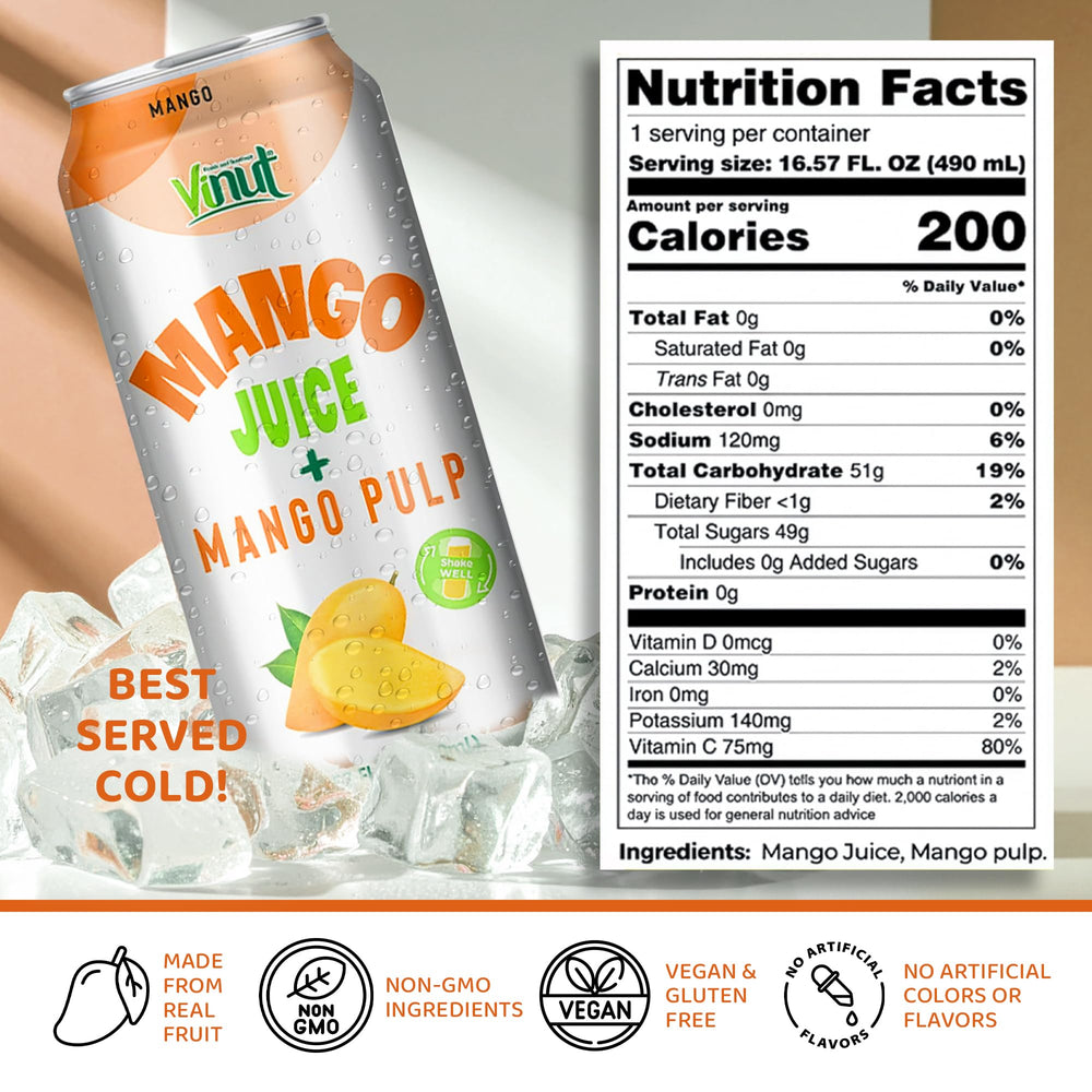 VINUT mango juice being poured into a glass for tropical refreshment