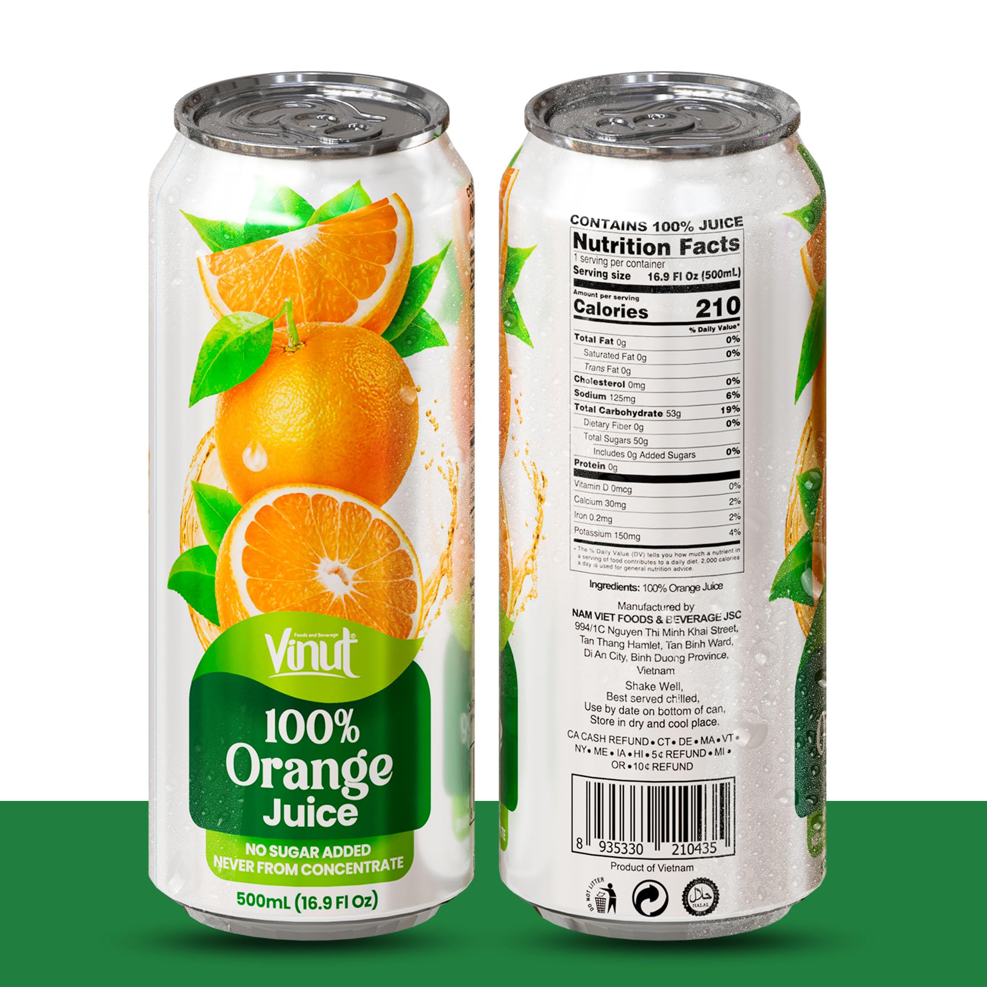 VINUT orange juice can side label close-up for on-the-go use.