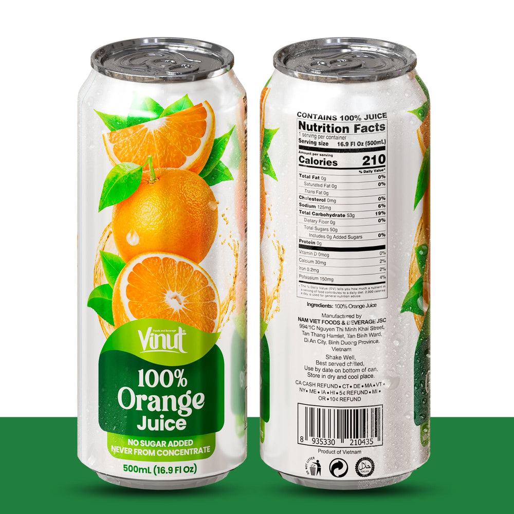 VINUT orange juice can side label close-up for on-the-go use.