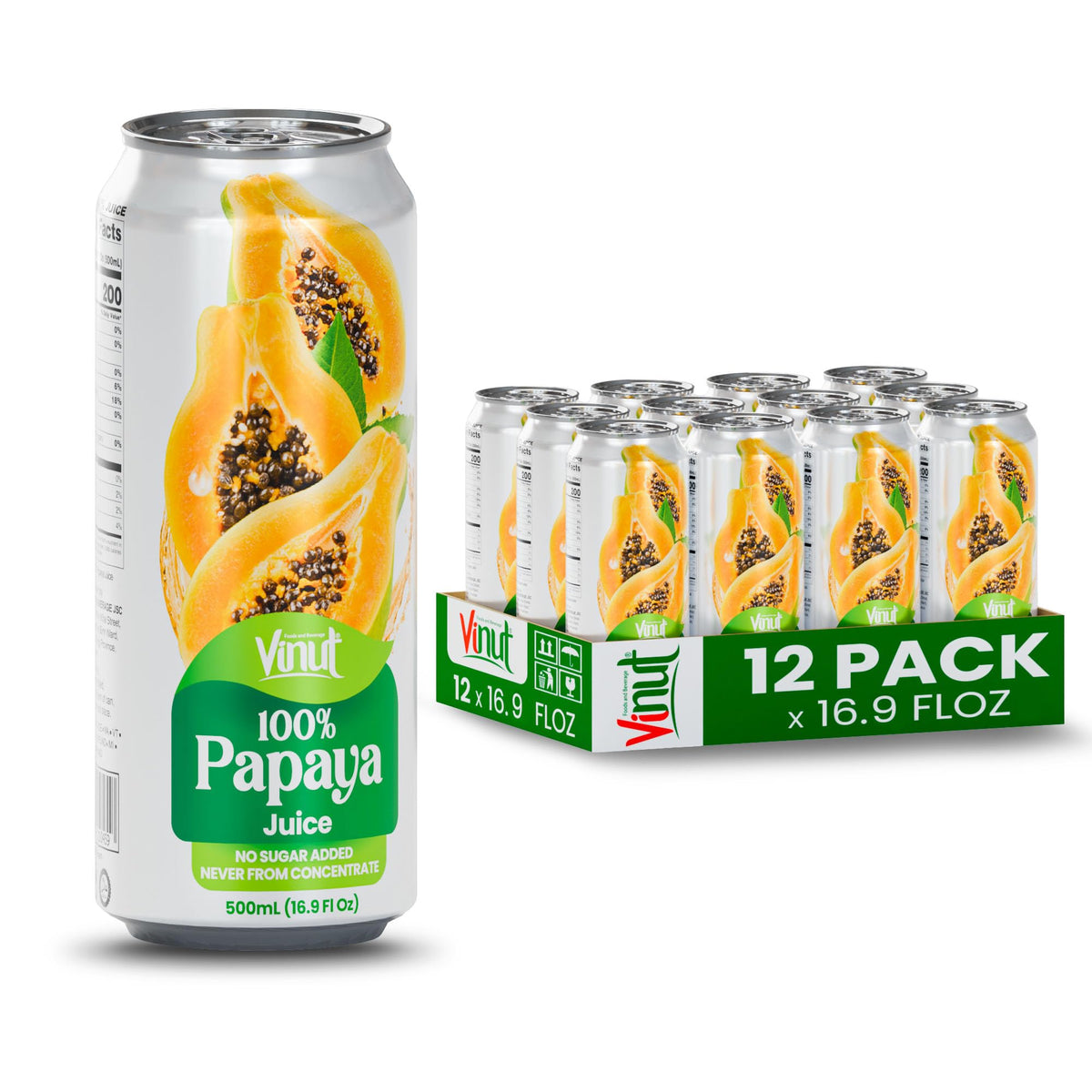 VINUT papaya juice can with a chilled glass, ideal for a tropical breakfast refresh.