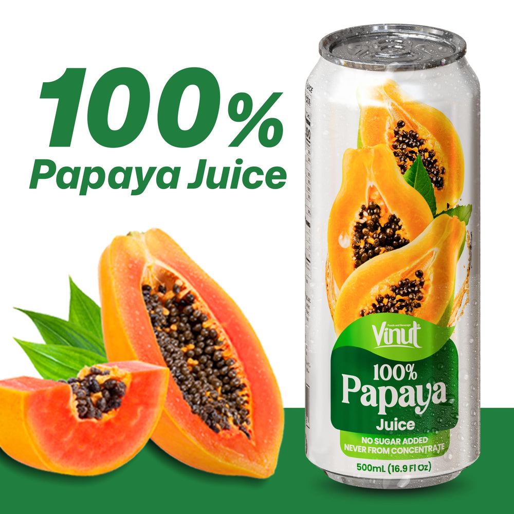 Close-up of VINUT papaya juice, vibrant color signaling a natural tropical taste.