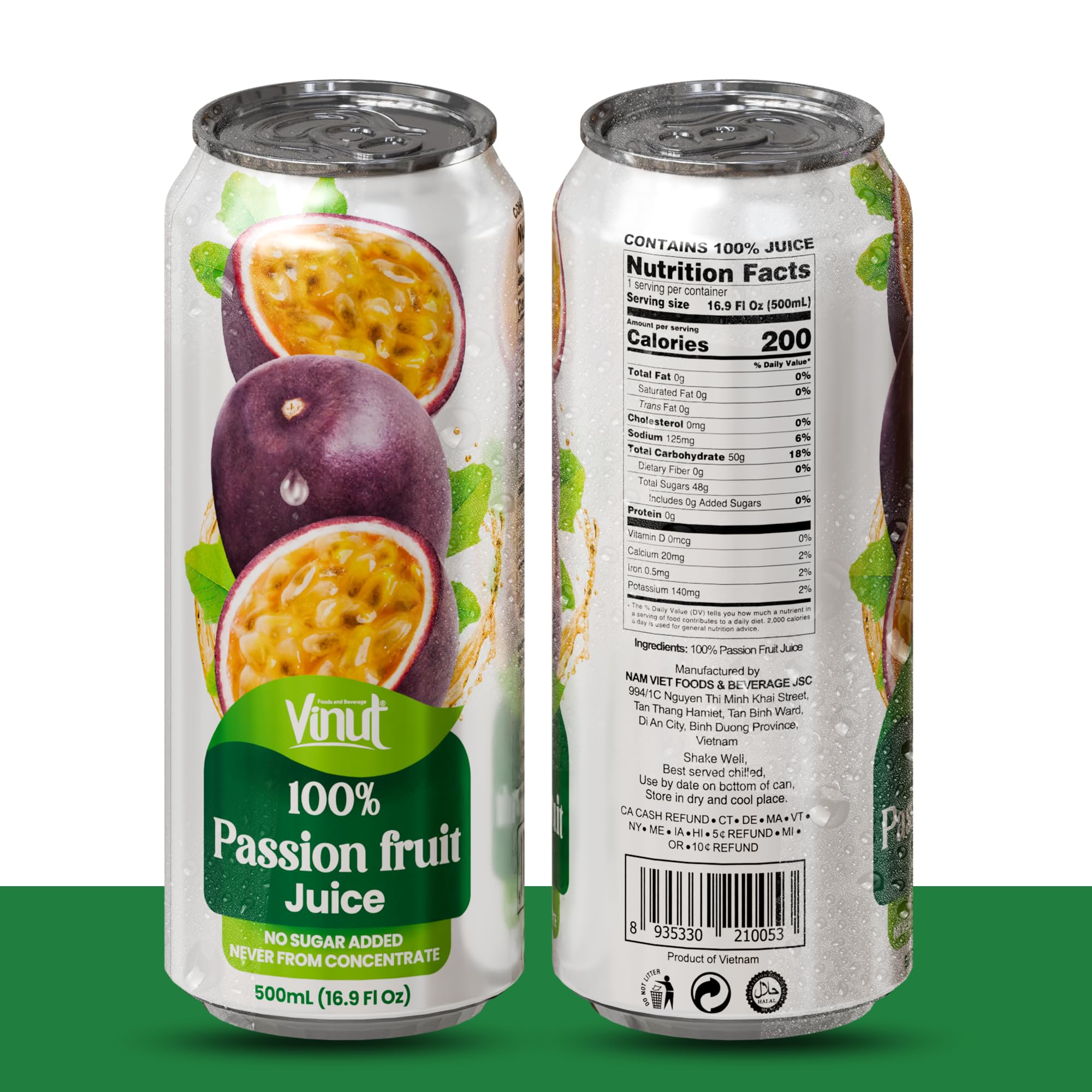 VINUT 100% passion fruit juice can back shows no added sugar.