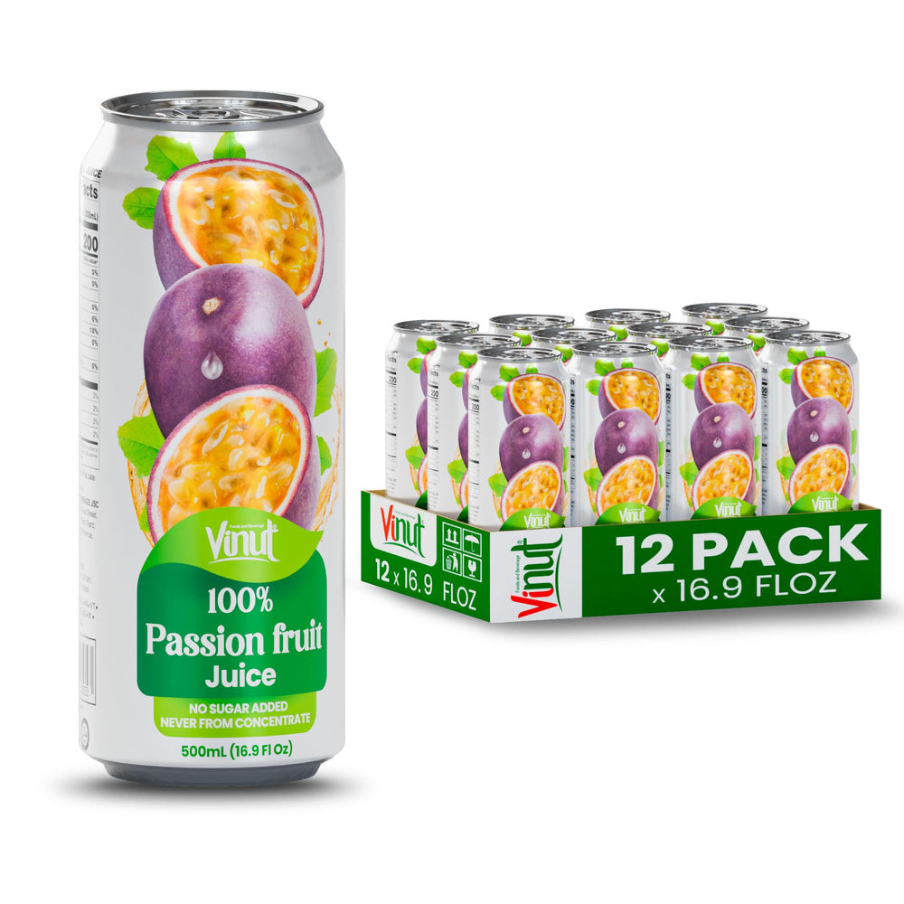 VINUT 100% passion fruit juice can front view, pure fruit flavor.