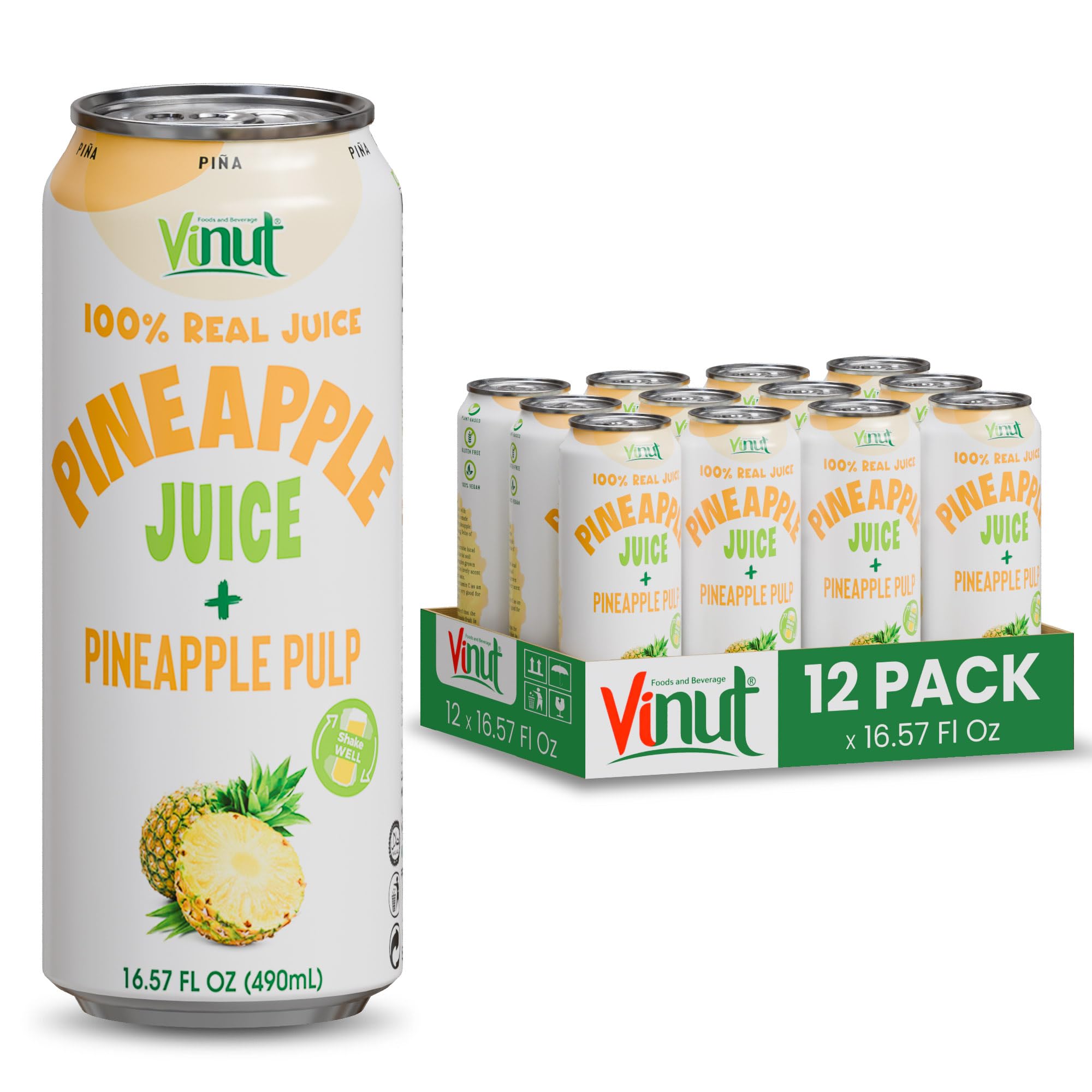 VINUT pineapple juice bottle closeup with real pulp and natural flavor.