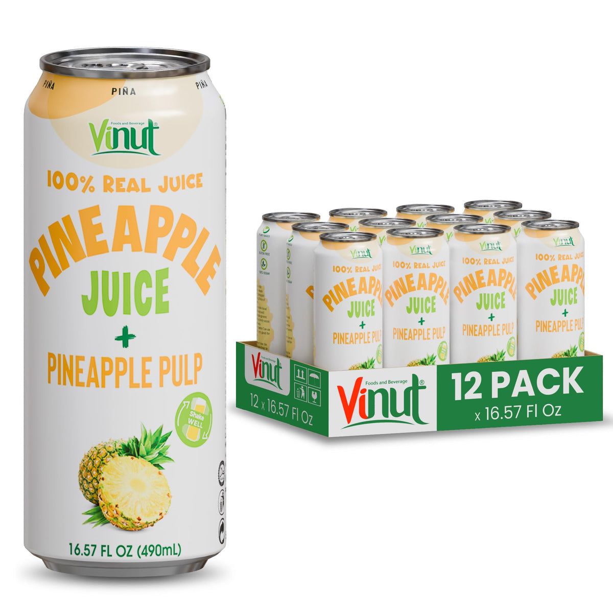 VINUT pineapple juice bottle closeup with real pulp and natural flavor.