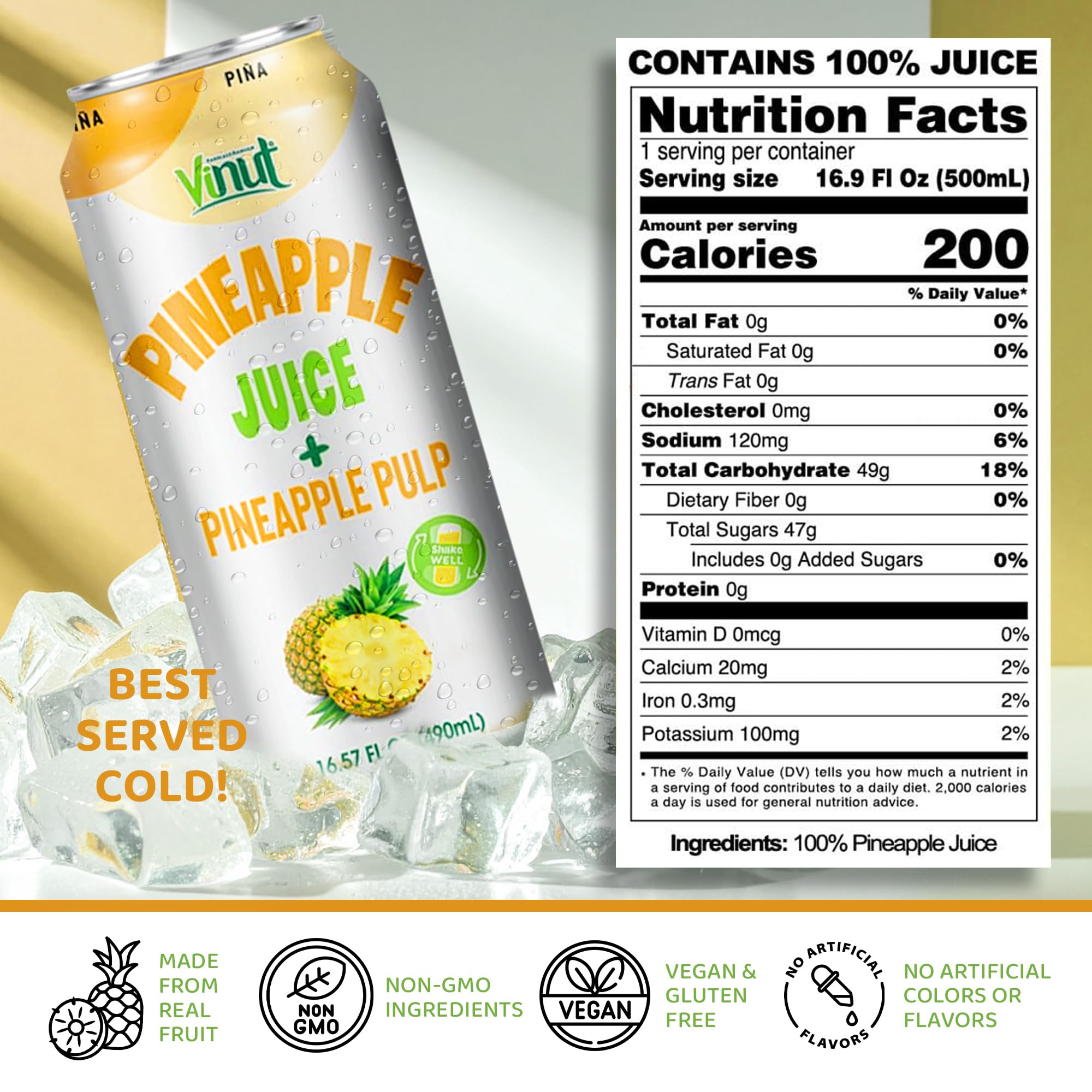 VINUT organic pineapple juice with visible pulp for richer smoothies.