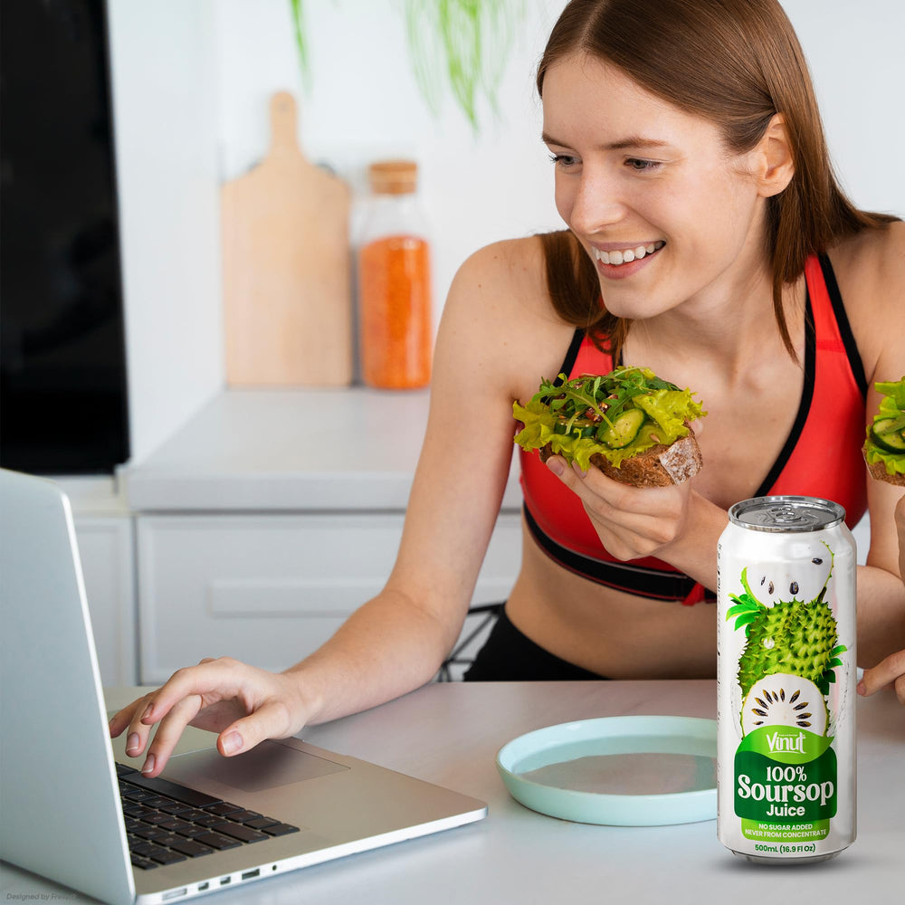 VINUT soursop juice can on ice with lime, ideal for a refreshing chilled drink.