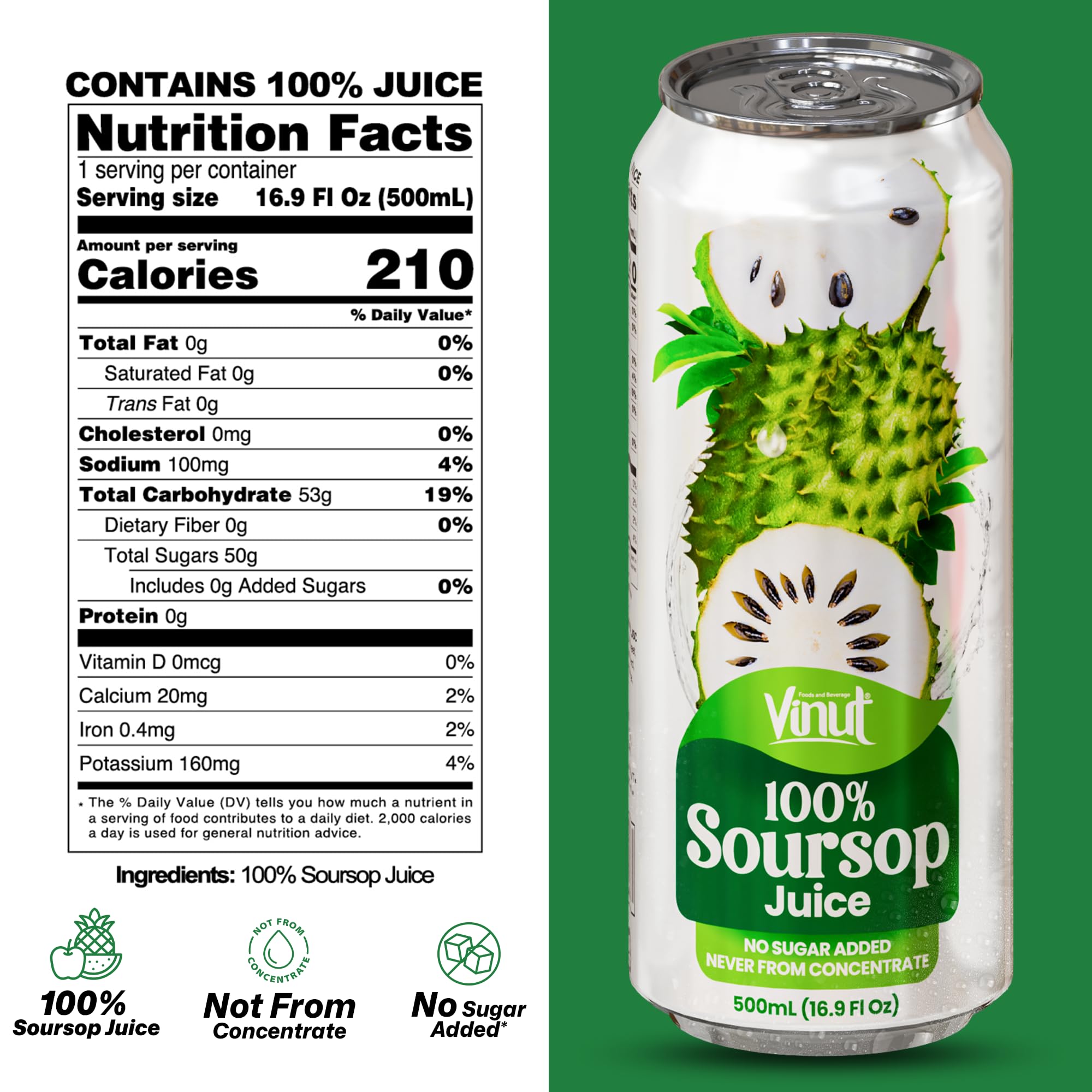 VINUT soursop juice label close-up, highlighting 100% juice and no added sugar.