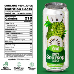 VINUT soursop juice label close-up, highlighting 100% juice and no added sugar.