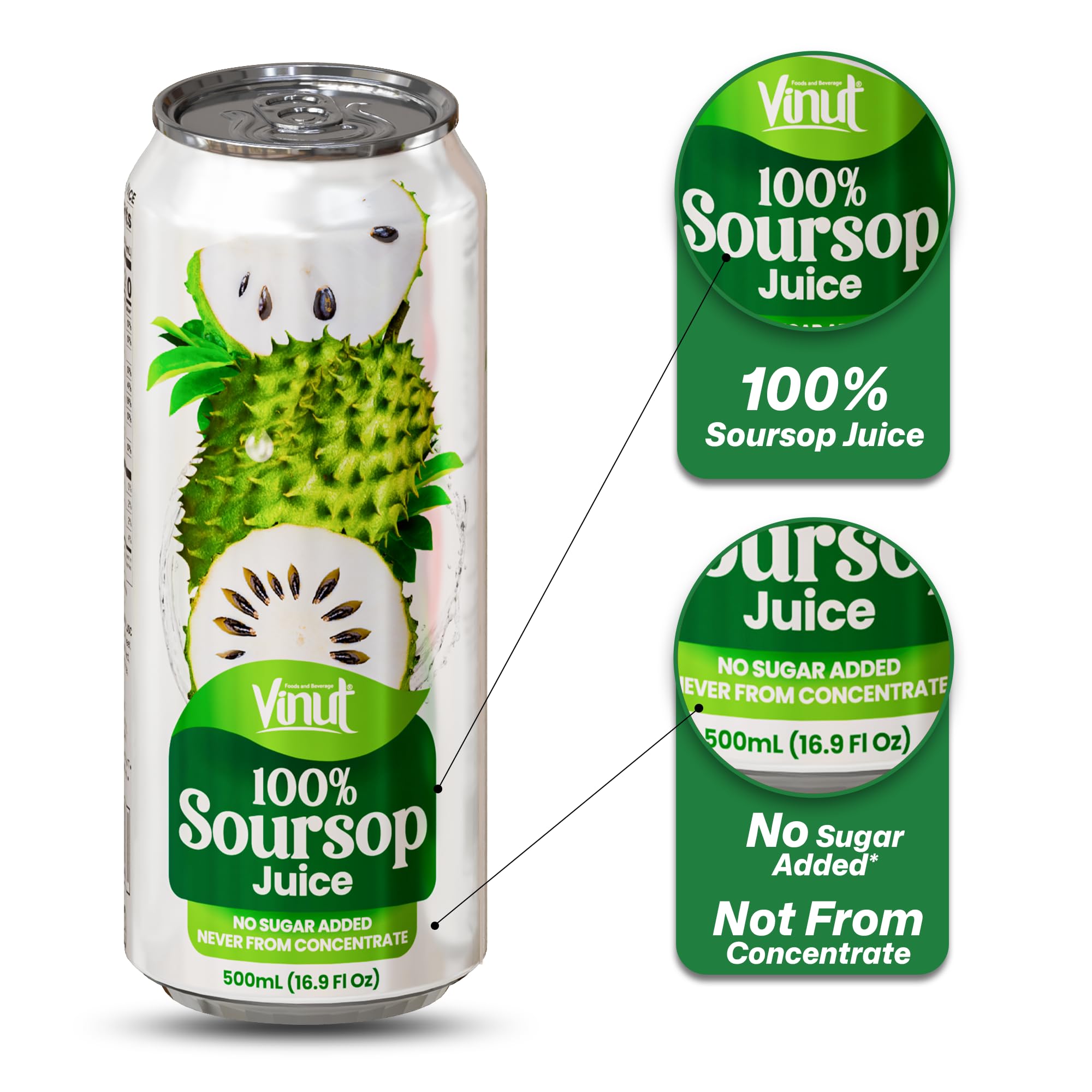 VINUT soursop juice pouring into glass over ice, showing serving suggestion.