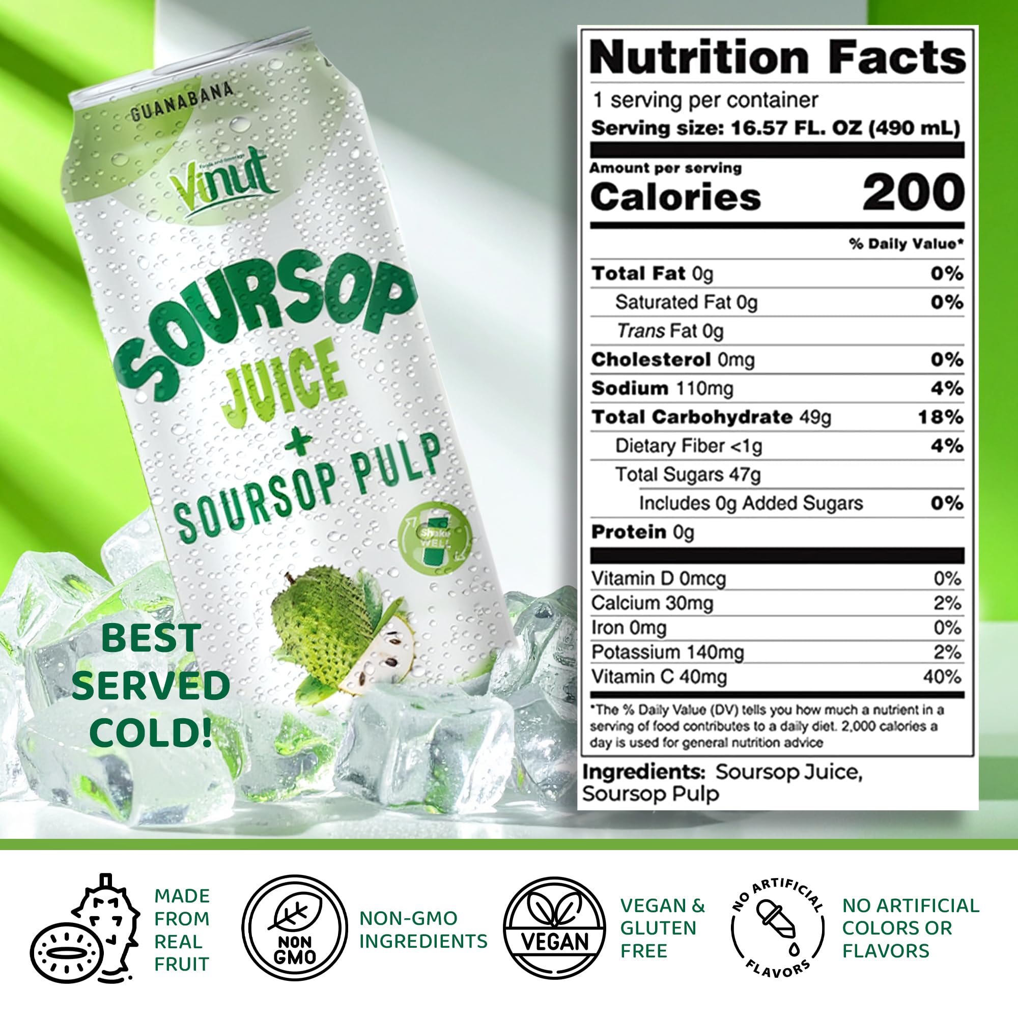 Vinut soursop juice with pulp glass—refreshing serving over ice.