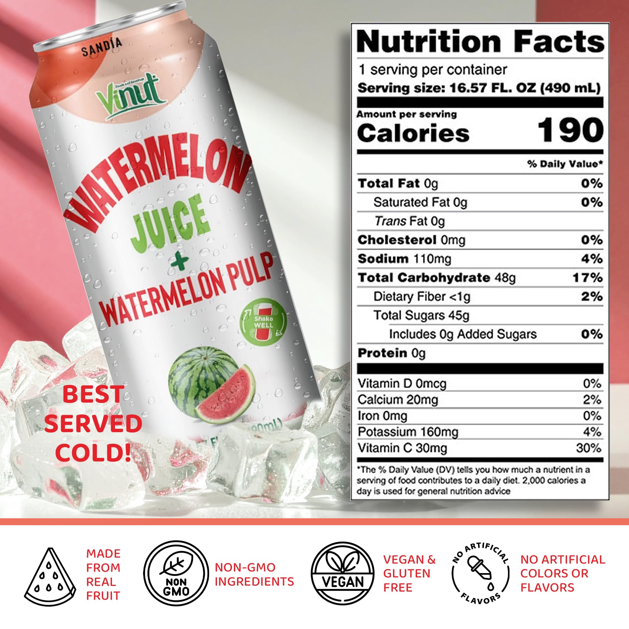 VINUT watermelon juice in a glass with pulp, authentic fruit flavor