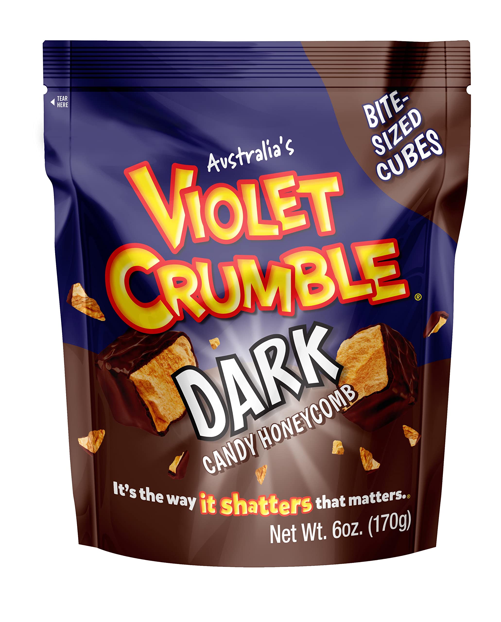 Violet Crumble dark chocolate honeycomb bag—crisp texture and rich flavor for snacking