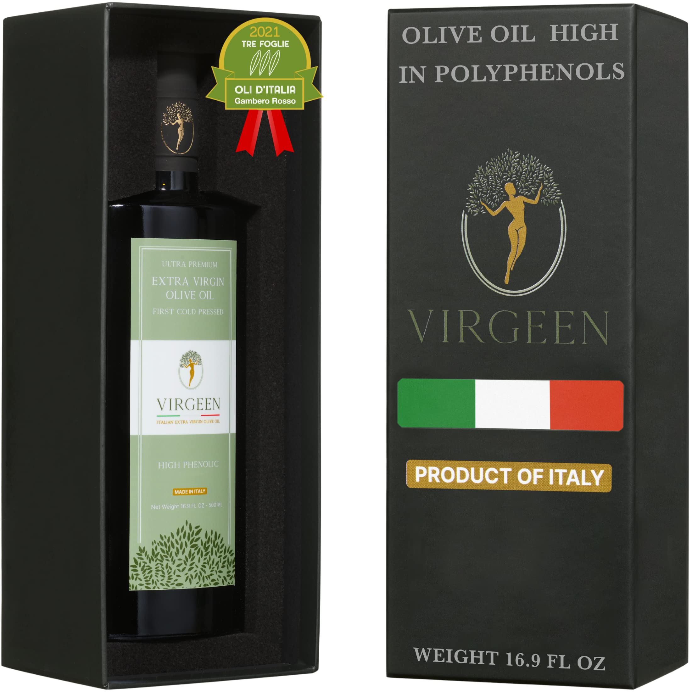 VIRGEEN bottle closeup highlights premium EVOO aroma for finishing dishes.