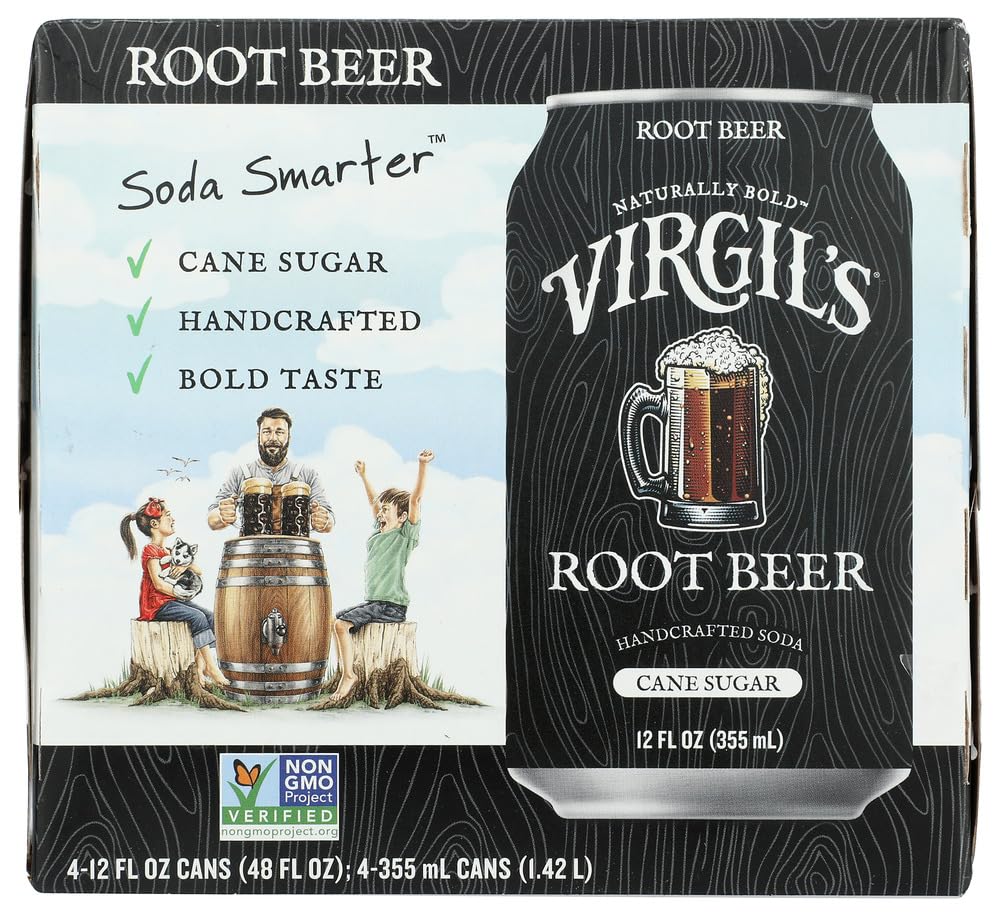Virgil's Root Beer 4-pack cans on shelf showcasing classic packaging