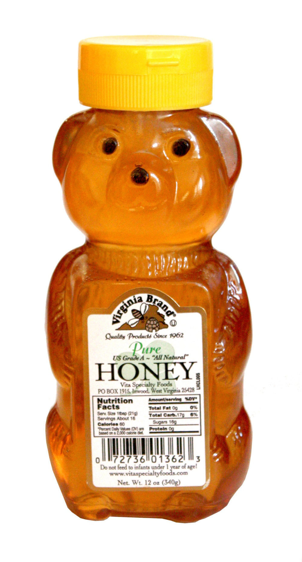 Virginia Brand Pure Honey 12oz bottle with amber color, perfect for tea.
