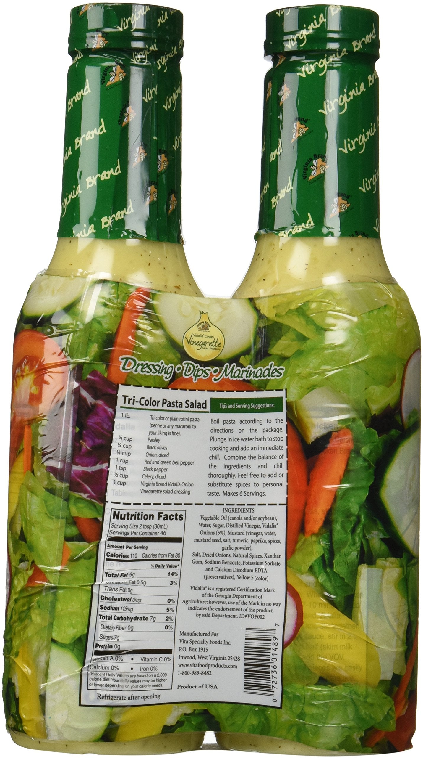 Virginia Brand Vidalia Onion Vinegarette label close-up, highlighting flavor notes and usage ideas.