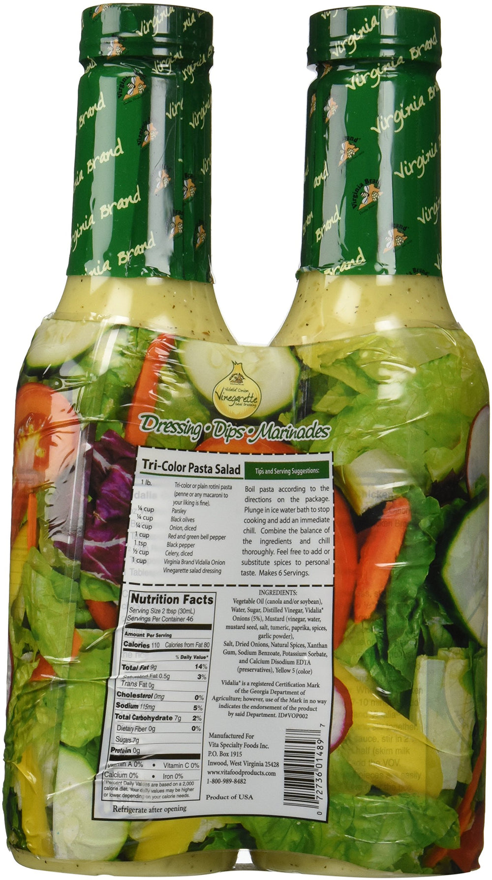 Virginia Brand Vidalia Onion Vinegarette label close-up, highlighting flavor notes and usage ideas.