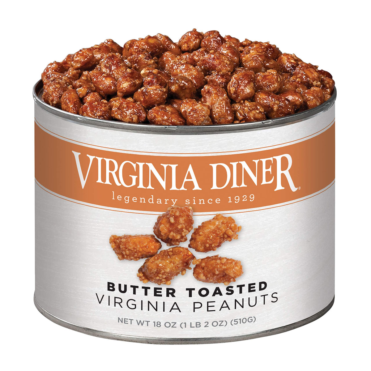 Virginia Diner butter toasted peanuts tin close-up, premium crunch and buttery sweetness