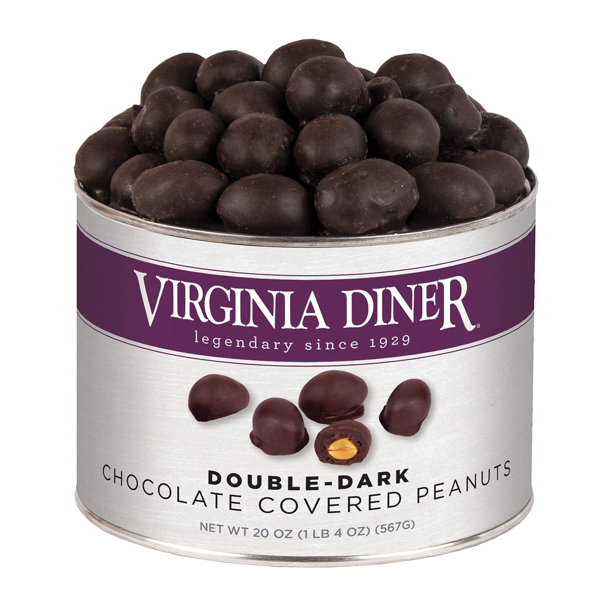 Virginia Diner dark chocolate peanuts in a gift tin for sharing.