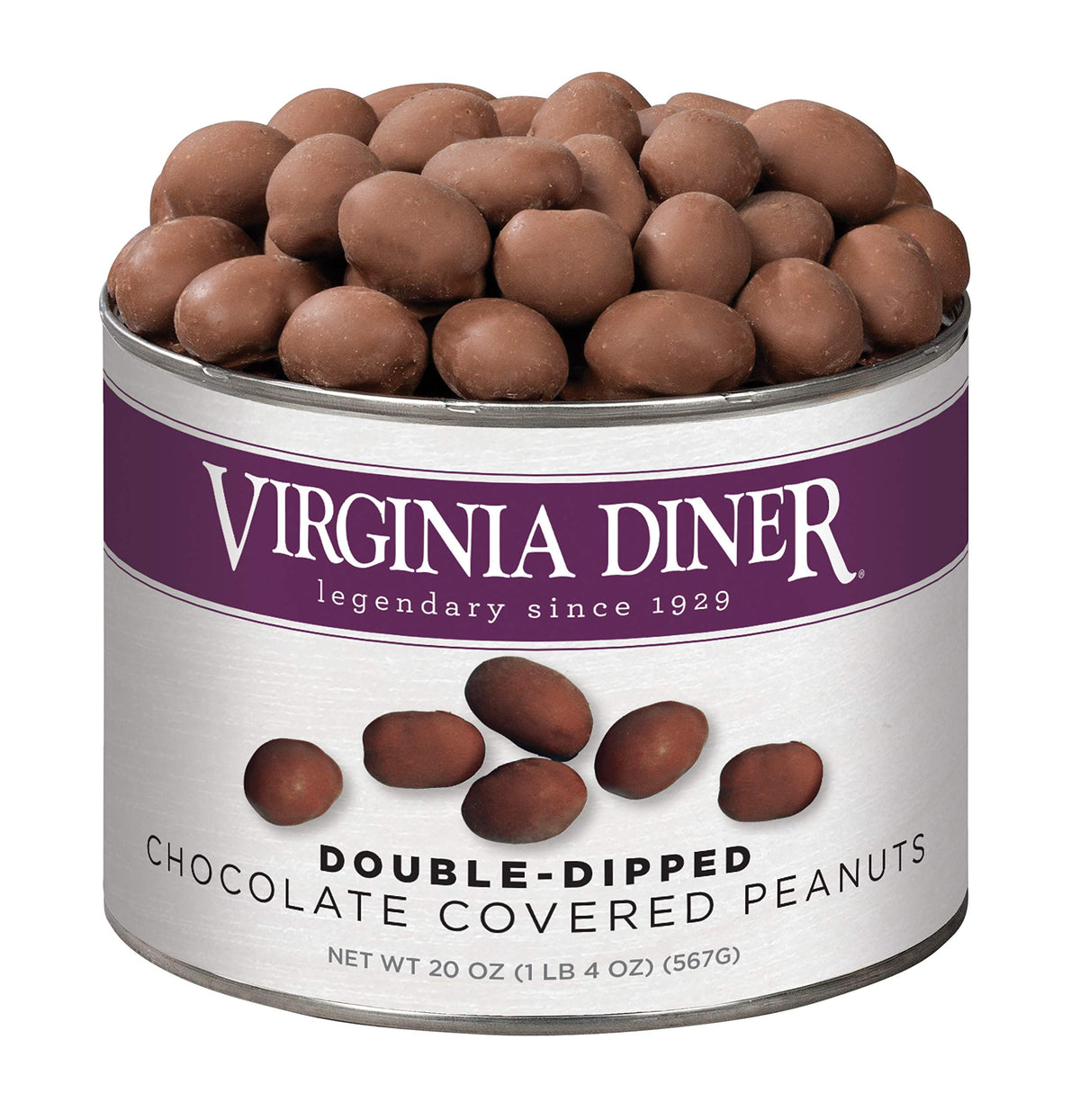 Virginia Diner double-dipped chocolatey peanuts in a gift tin, ideal for sharing.