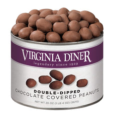 Virginia Diner double-dipped chocolatey peanuts in a gift tin, ideal for sharing.