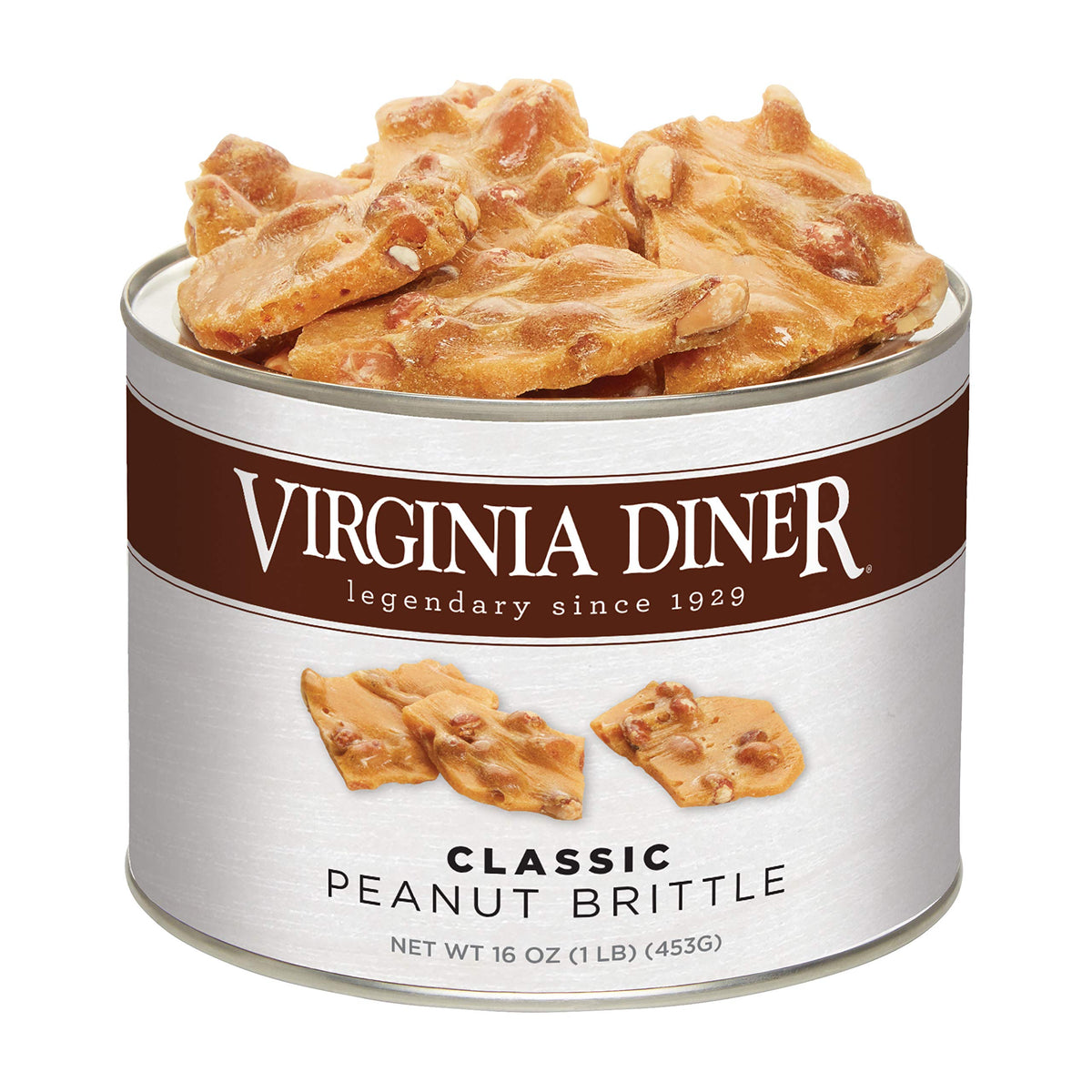 Virginia Diner Gourmet Peanut Brittle XL can with rich caramel crunch, ideal gift.