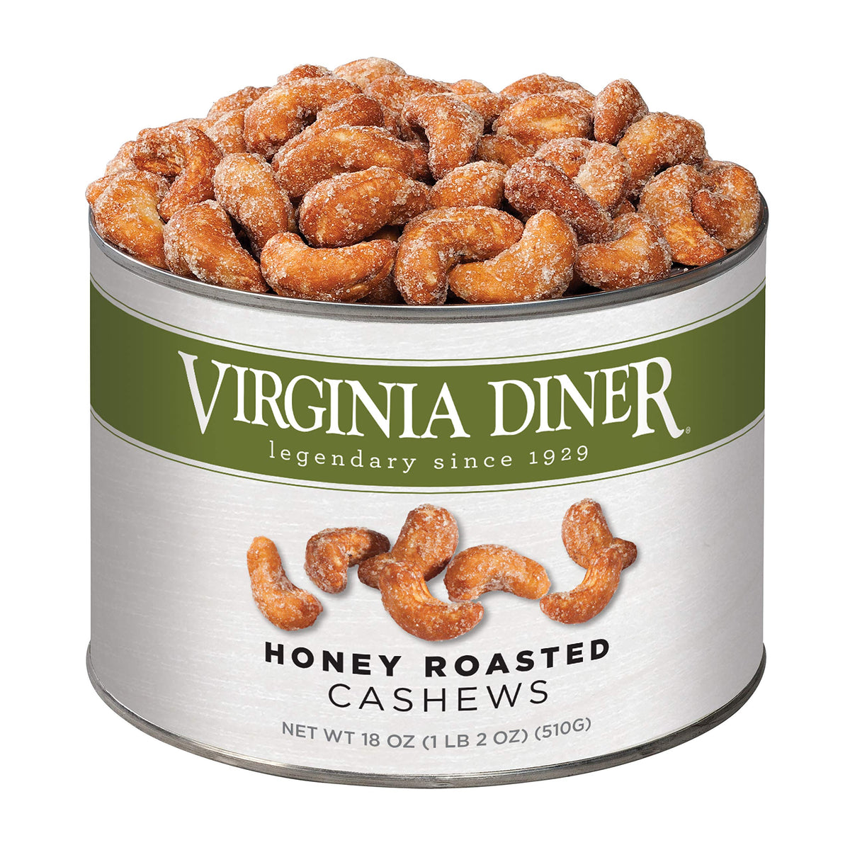 Virginia Diner Honey Roasted Cashews jar close-up, rich amber glaze, premium texture.