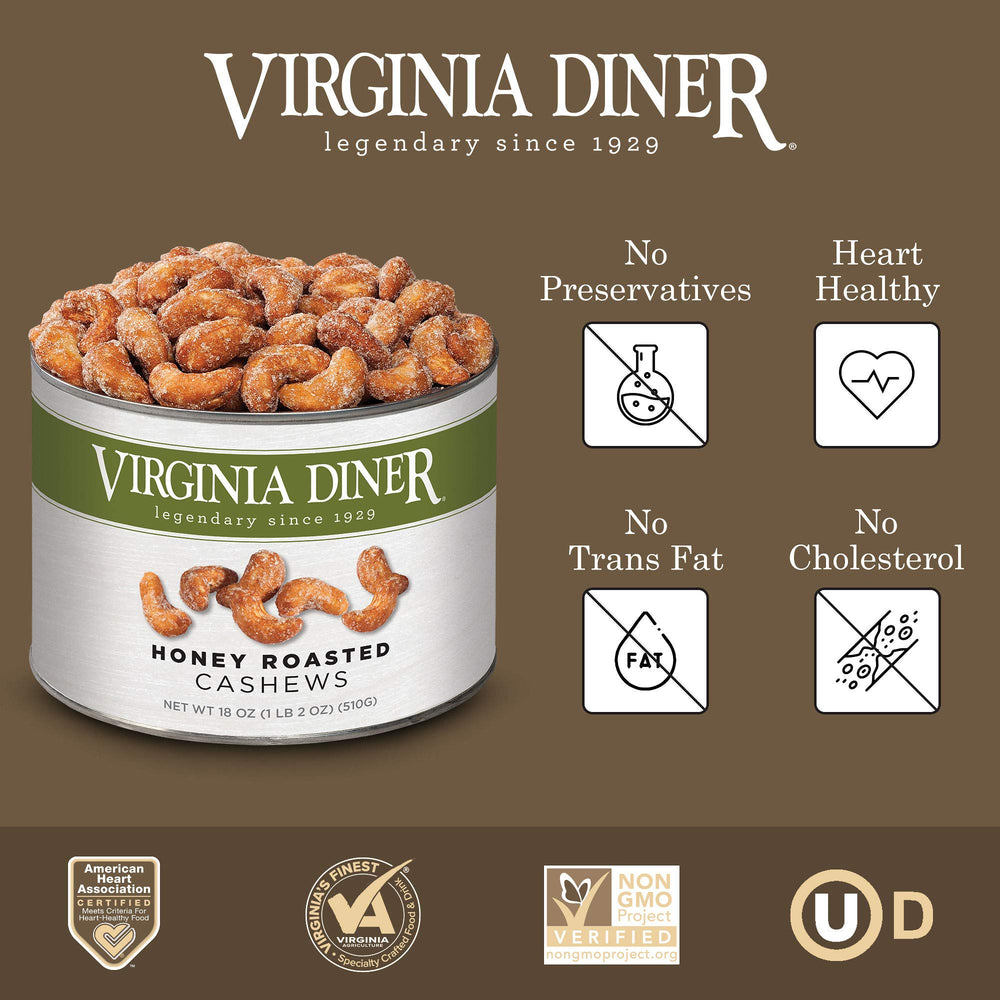 Virginia Diner Honey Roasted Cashews vacuum-sealed can keeps freshness.