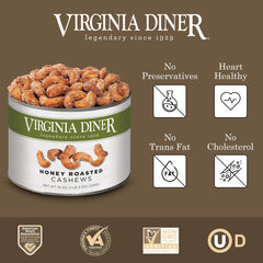 Virginia Diner Honey Roasted Cashews vacuum-sealed can keeps freshness.