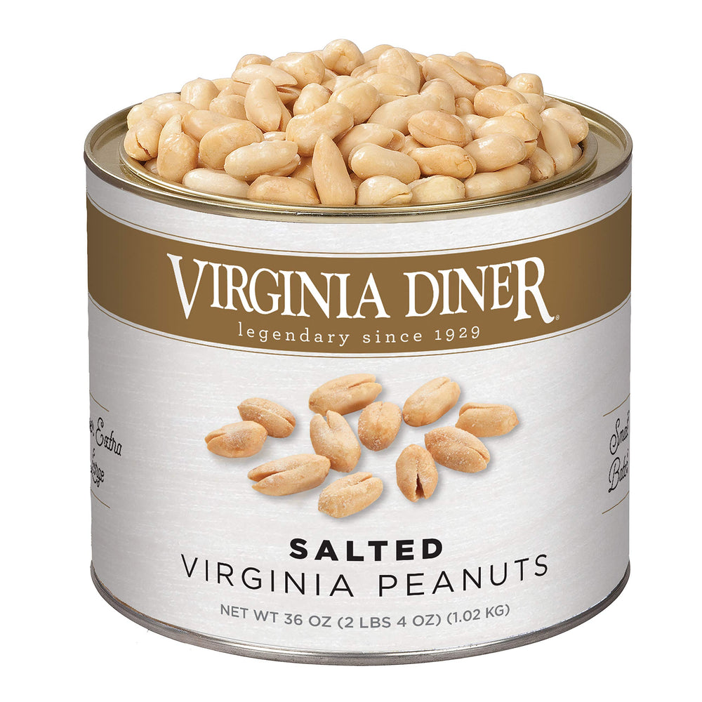Virginia Diner Natural XL blister-roasted peanuts in a tin, crave-worthy crunch and heart-healthy snacking