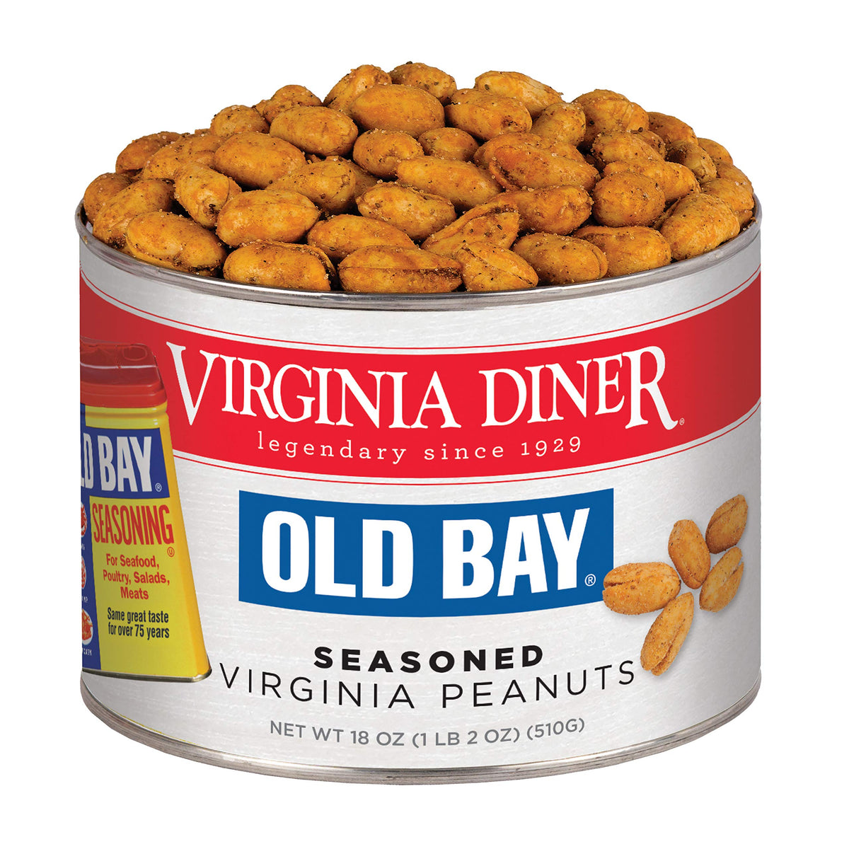 Virginia Diner Old Bay peanuts can showing bold flavor and freshness.