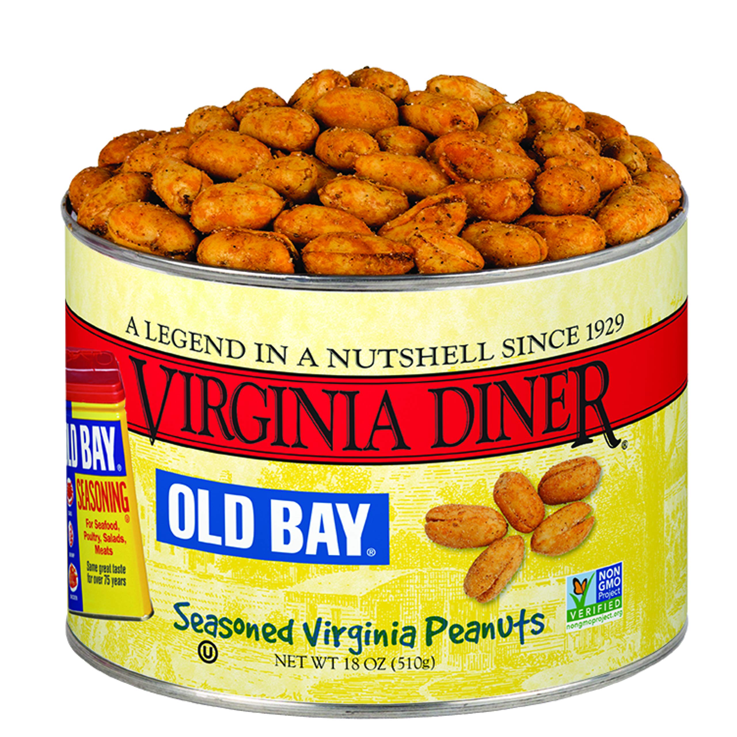 Gift-ready packaging of Virginia Diner Old Bay peanuts.