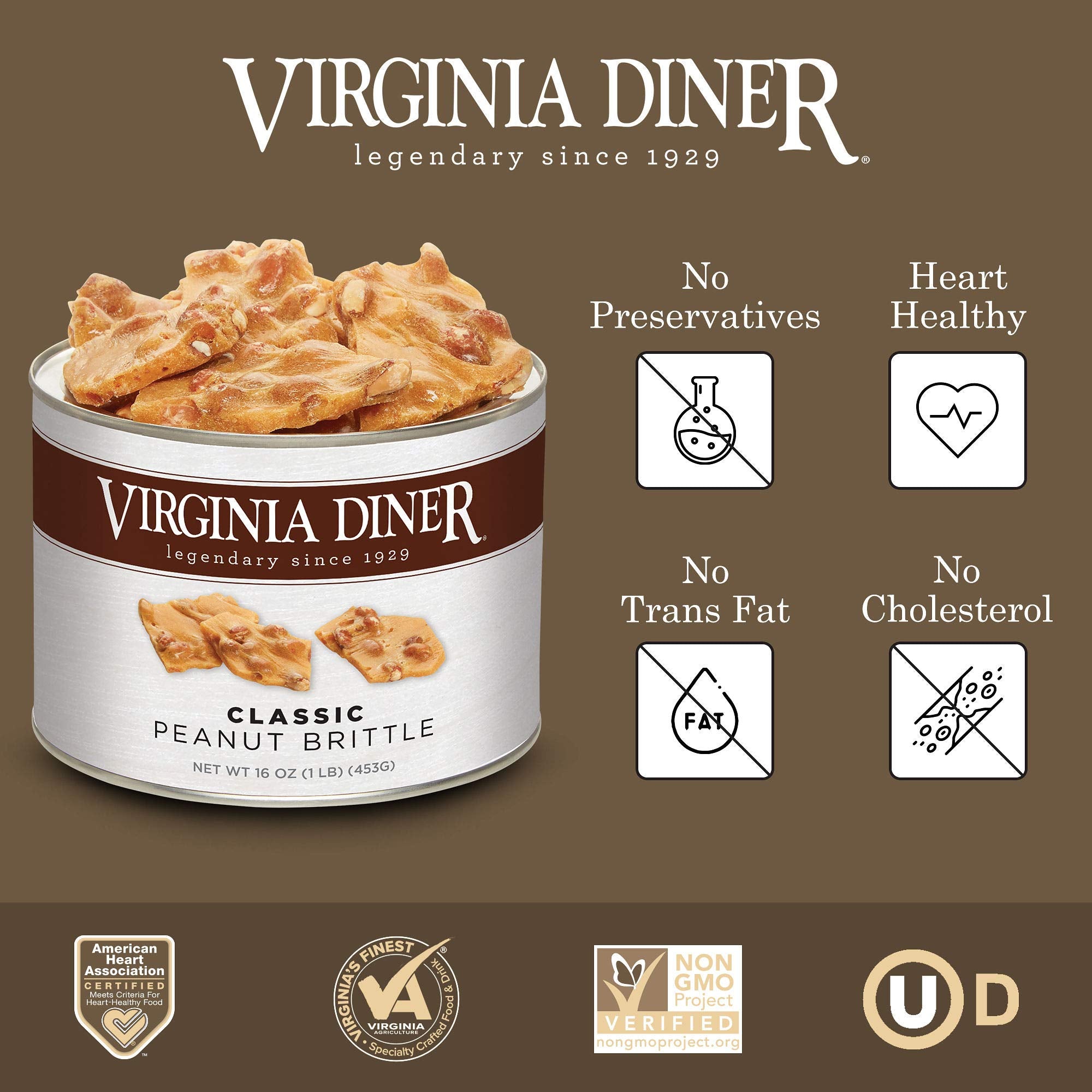 Virginia Diner peanut brittle tin packaging showcasing premium gift-ready treat.