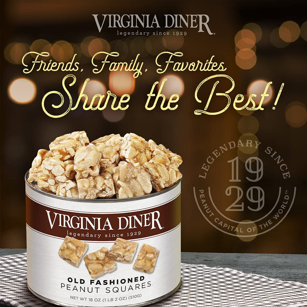 Virginia Diner peanut squares close-up highlights premium Virginia peanuts for flavor.