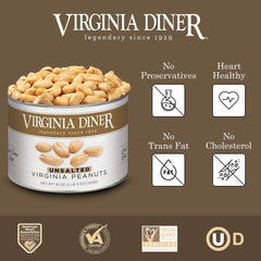 Virginia Diner preservative-free peanuts in serving tin for quick snacking.