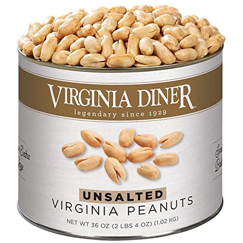 Virginia Diner unsalted XL peanuts in can front, premium snack with no preservatives.